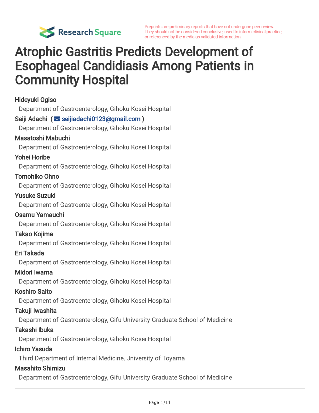 Atrophic Gastritis Predicts Development of Esophageal Candidiasis Among Patients in Community Hospital