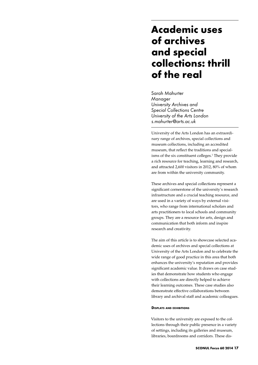 Academic Uses of Archives and Special Collections: Thrill of the Real