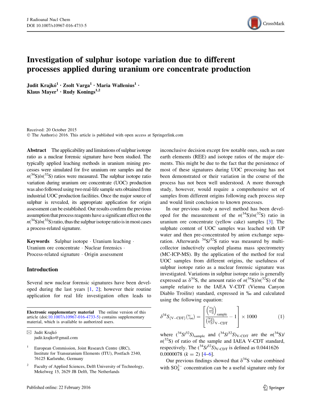 Investigation of Sulphur Isotope Variation Due to Different Processes Applied During Uranium Ore Concentrate Production