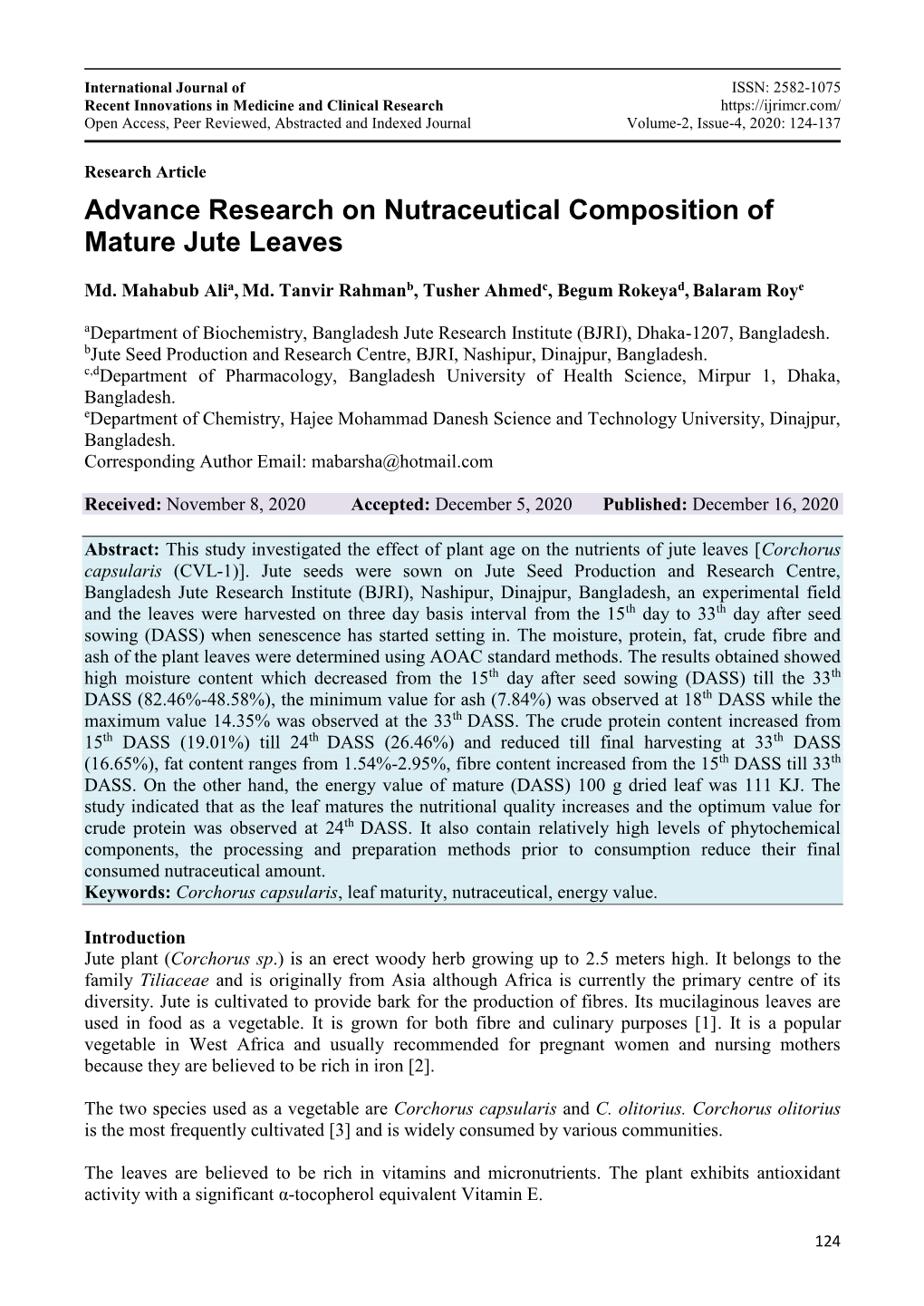 Advance Research on Nutraceutical Composition of Mature Jute Leaves