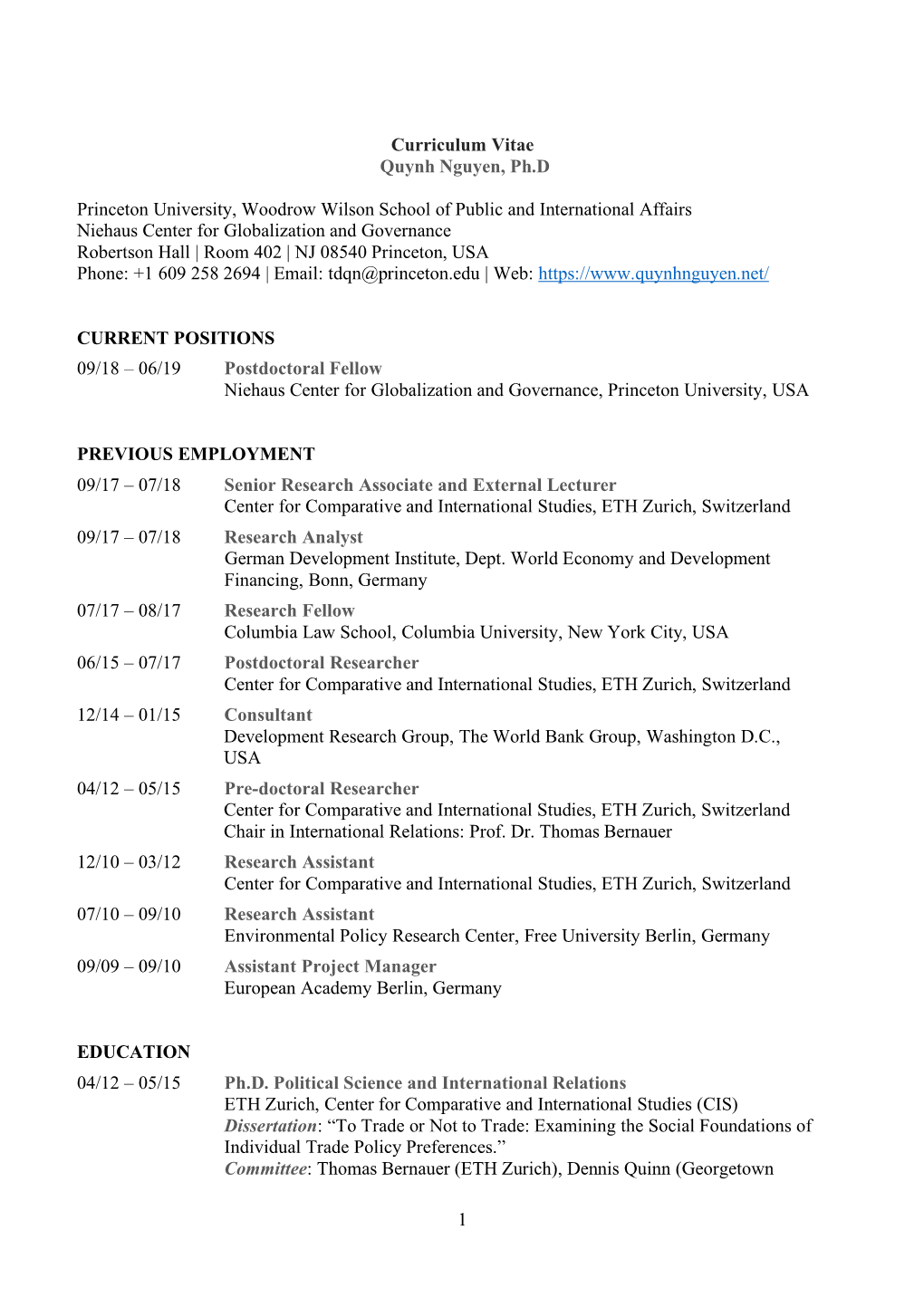 1 Curriculum Vitae Quynh Nguyen, Ph.D Princeton University, Woodrow