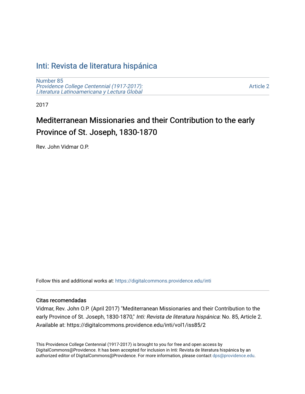 Mediterranean Missionaries and Their Contribution to the Early Province of St