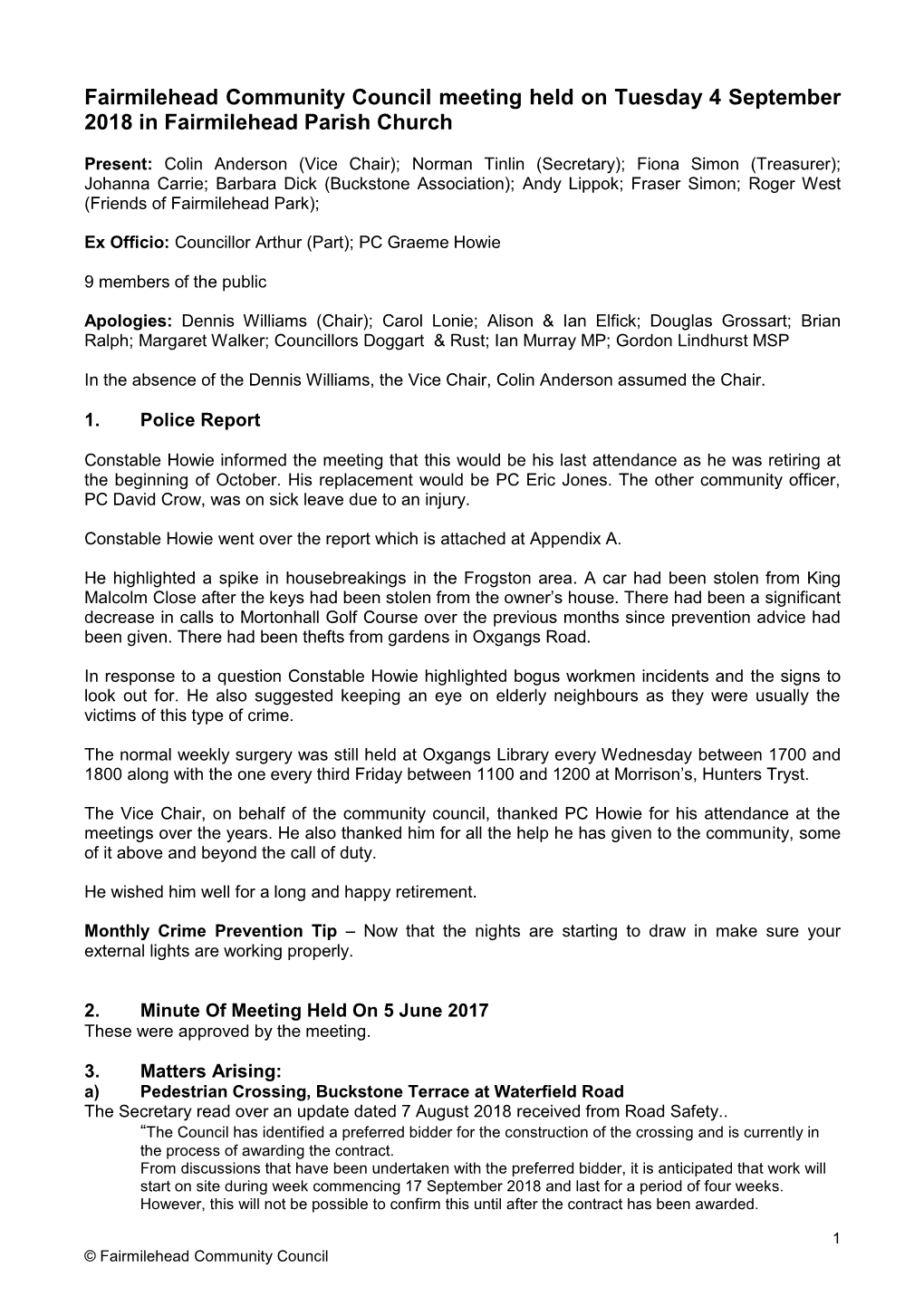 Minute's of Fairmilehead Community Council Tuesday 3Rd October, 2006