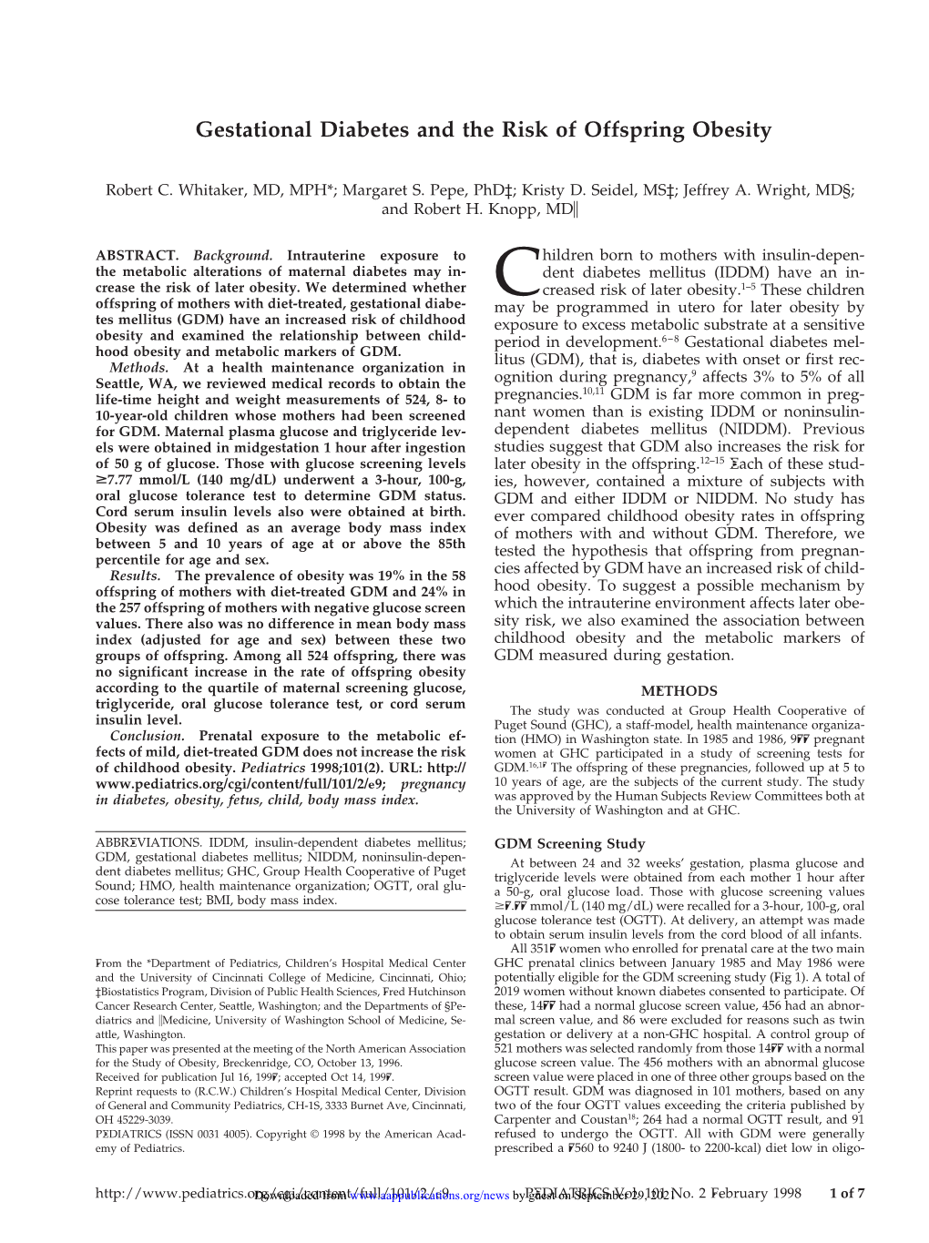 Gestational Diabetes and the Risk of Offspring Obesity