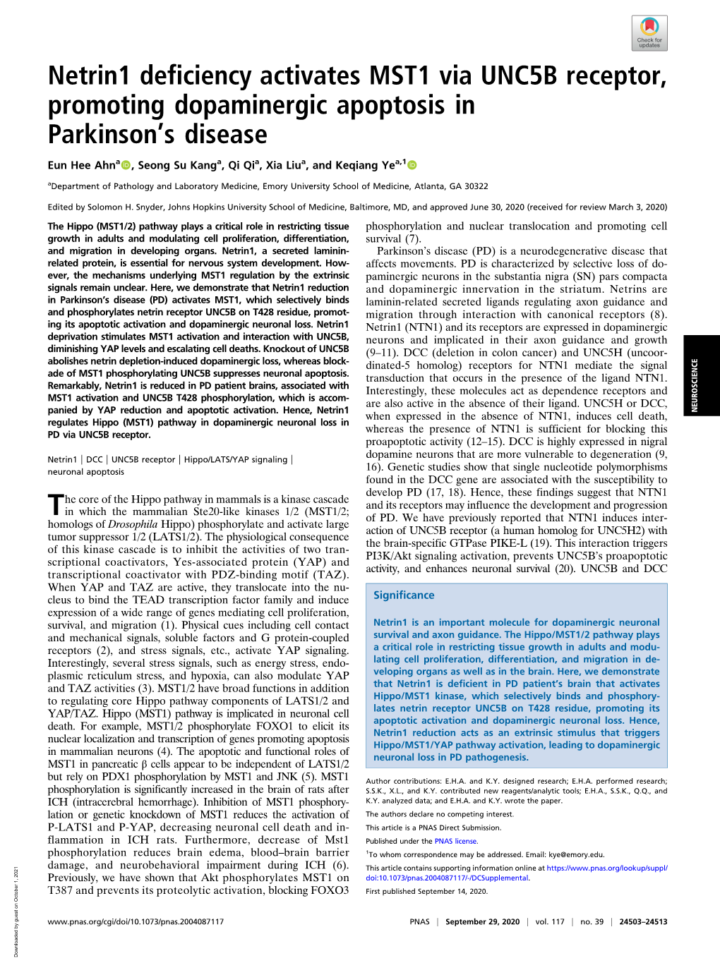 Netrin1 Deficiency Activates MST1 Via UNC5B Receptor, Promoting Dopaminergic Apoptosis in Parkinson’S Disease