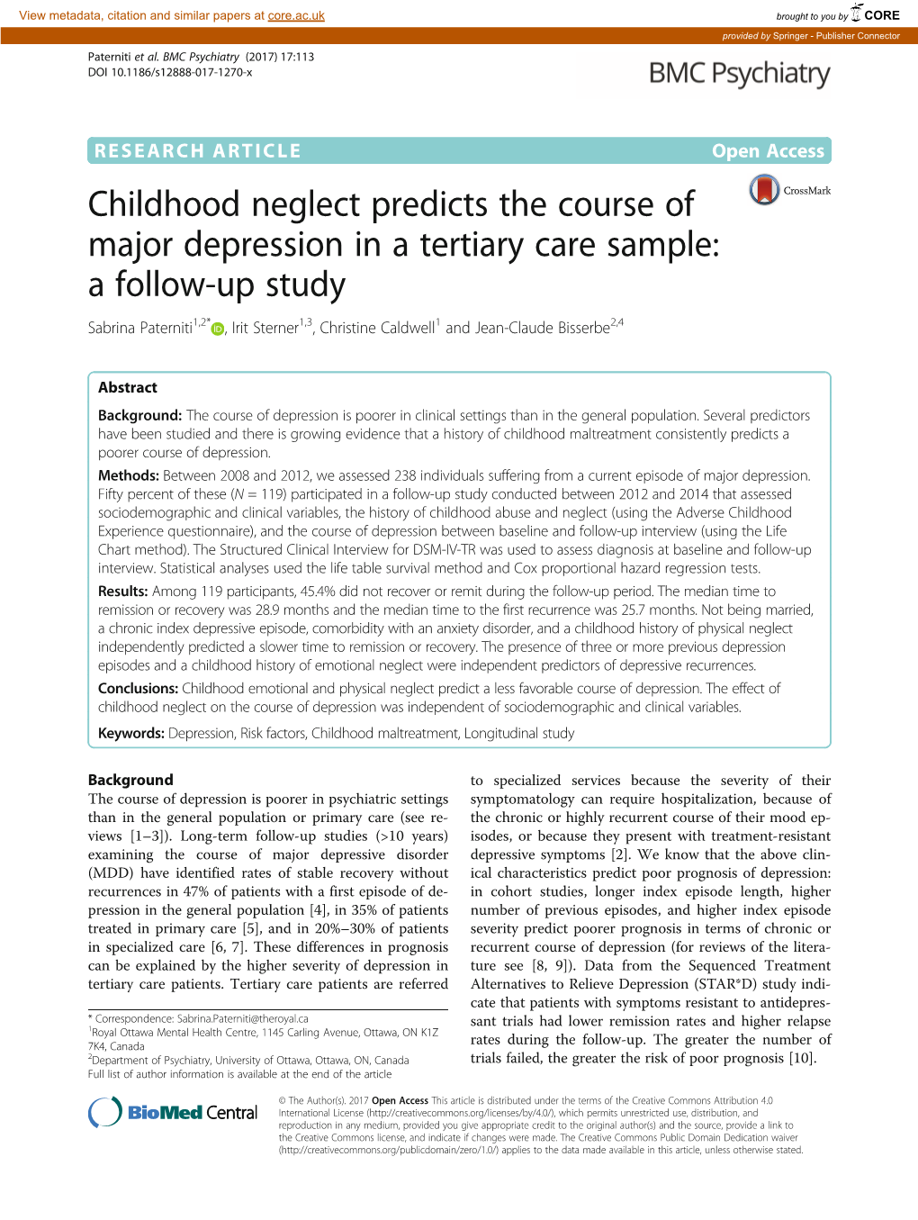 Childhood Neglect Predicts the Course of Major Depression in a Tertiary