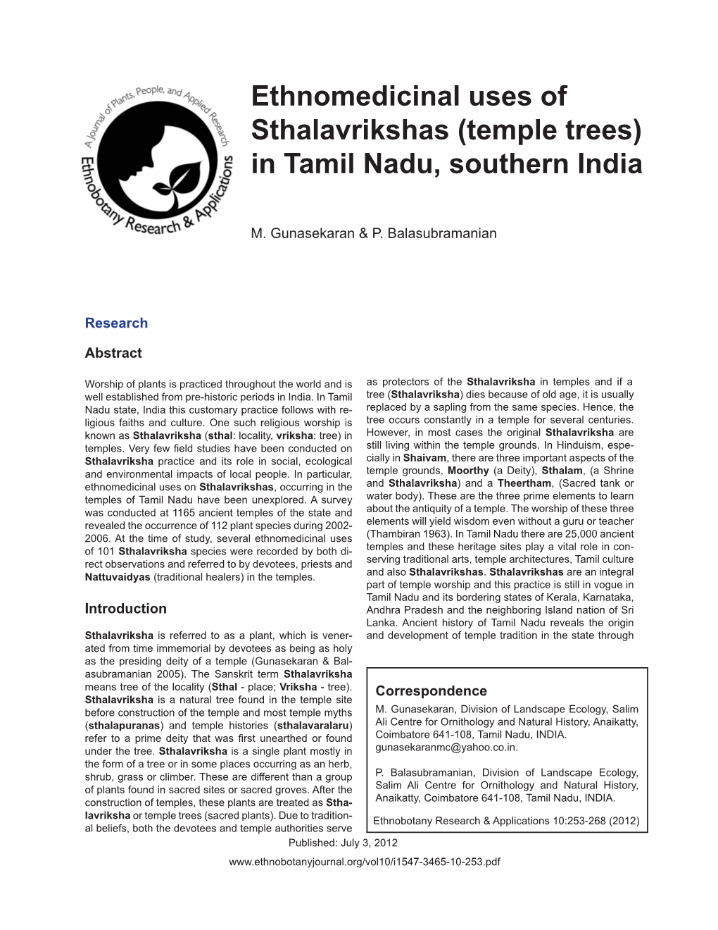 Ethnomedicinal Uses of Sthalavrikshas (Temple Trees) in Tamil Nadu, Southern India