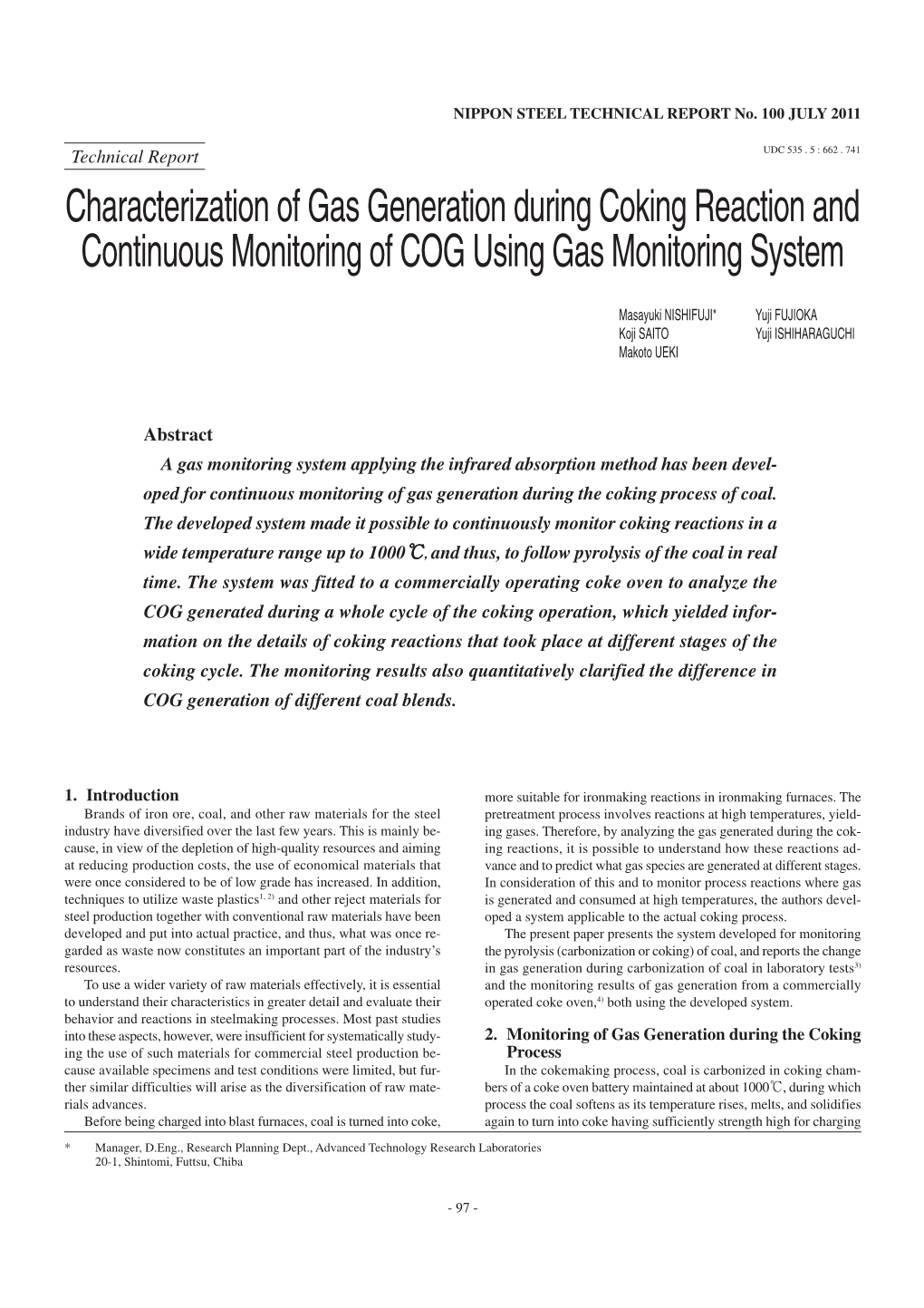 Characterization of Gas Generation During Coking Reaction and Continuous Monitoring of COG Using Gas Monitoring System