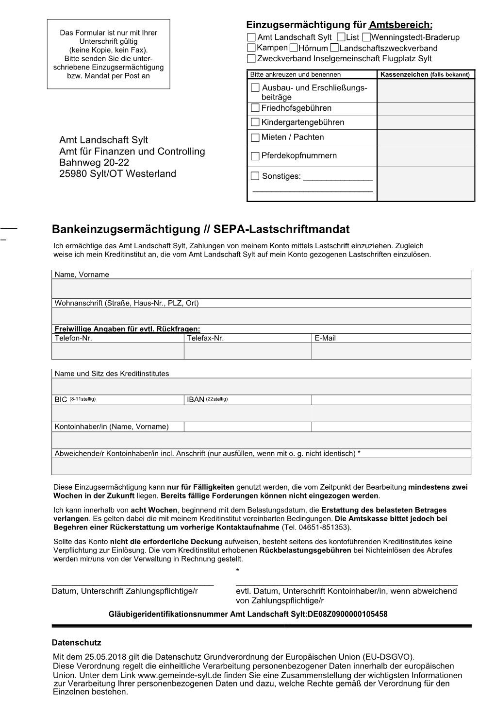 SEPA Lastschriftmandat Amt Landschaft Sylt