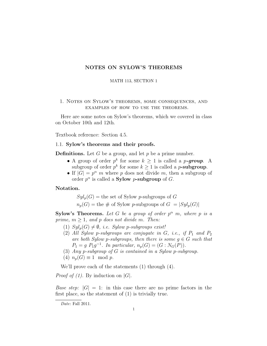 1. Notes on Sylow's Theorems, Some Consequences