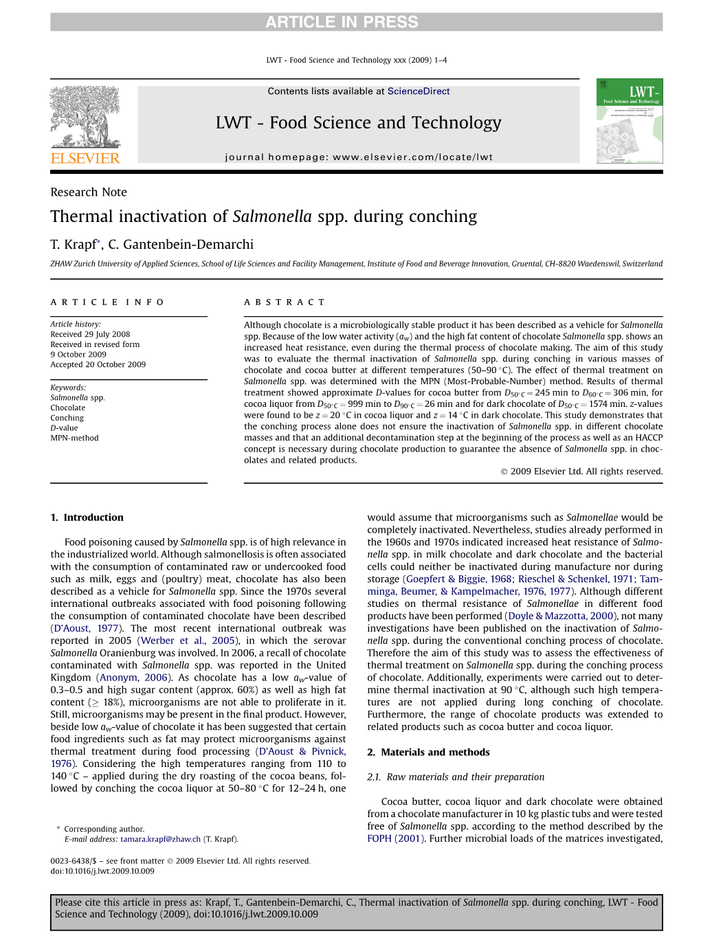 Thermal Inactivation of Salmonella Spp. During Conching