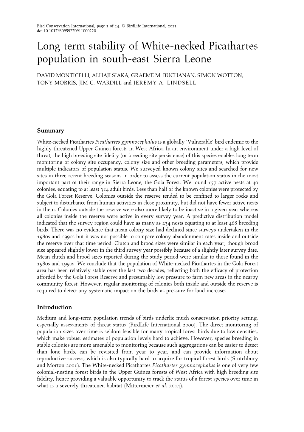 Long Term Stability of White-Necked Picathartes Population in South-East Sierra Leone