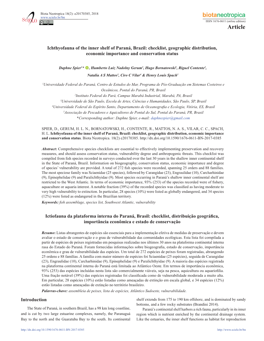 Ichthyofauna of the Inner Shelf of Paraná, Brazil: Checklist, Geographic Distribution, Economic Importance and Conservation Status