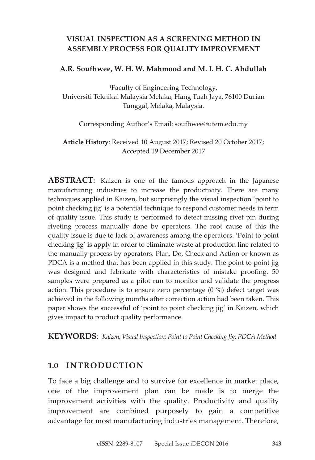 Visual Inspection As a Screening Method in Assembly Process for Quality Improvement