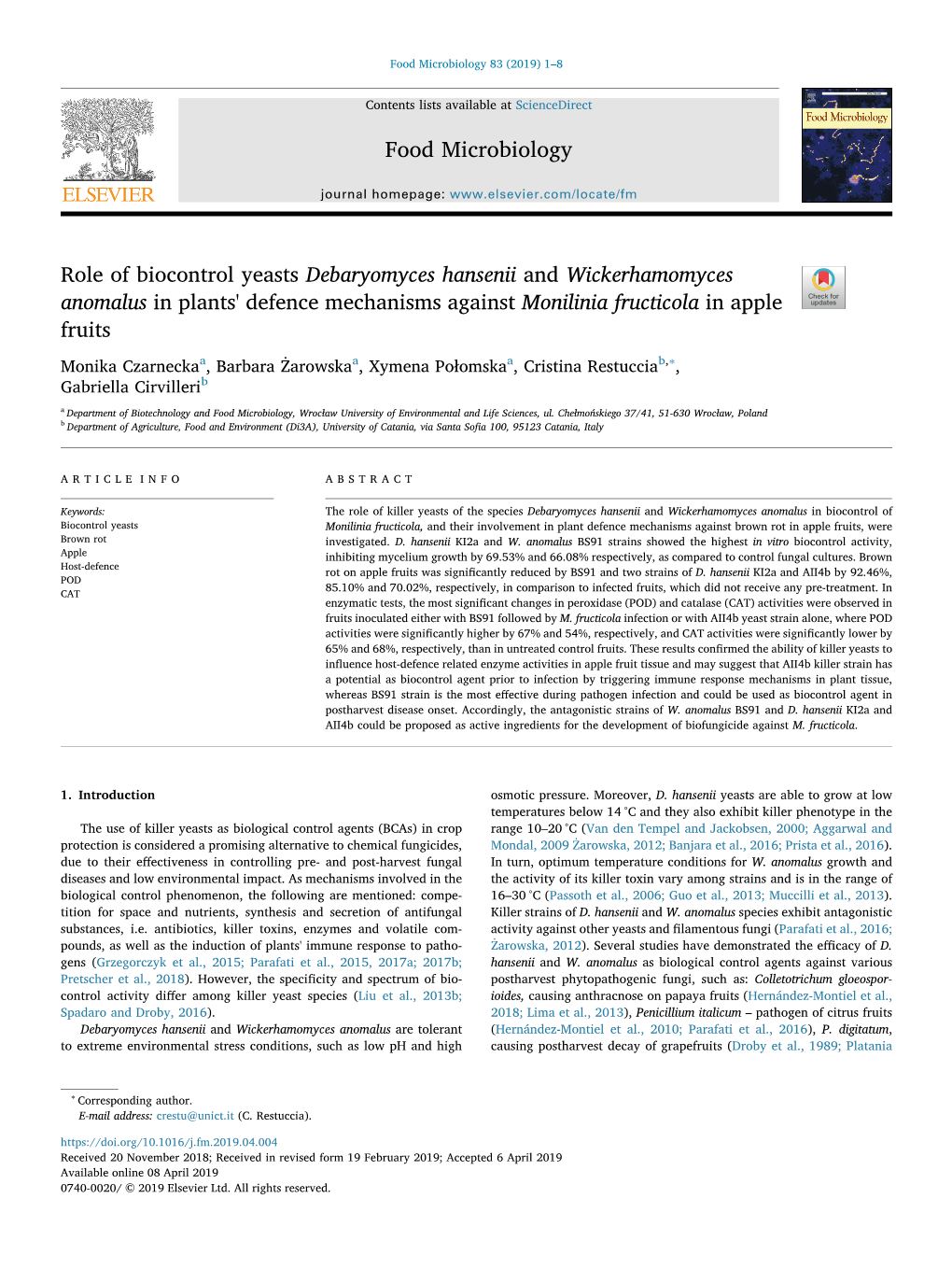 Food Microbiology Role of Biocontrol Yeasts Debaryomyces Hansenii And