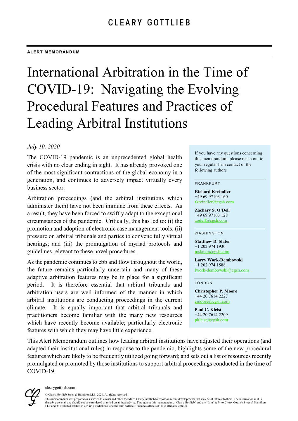 International Arbitration in the Time of COVID-19: Navigating the Evolving Procedural Features and Practices of Leading Arbitral Institutions