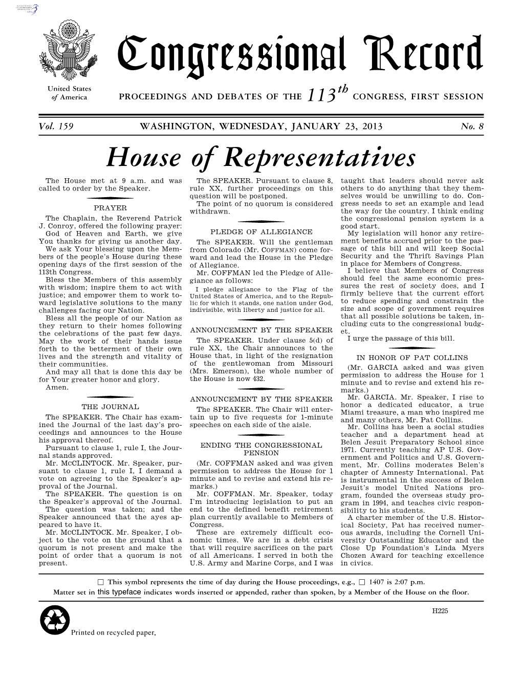 Congressional Record United States Th of America PROCEEDINGS and DEBATES of the 113 CONGRESS, FIRST SESSION