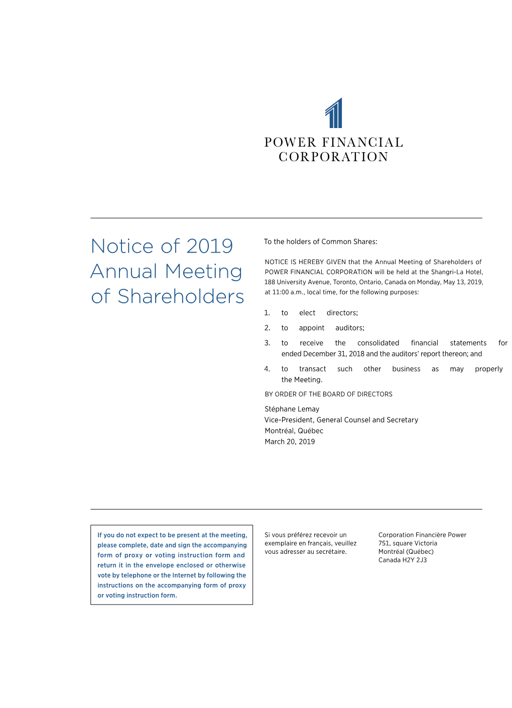 Notice of 2019 Annual Meeting of Shareholders and Management