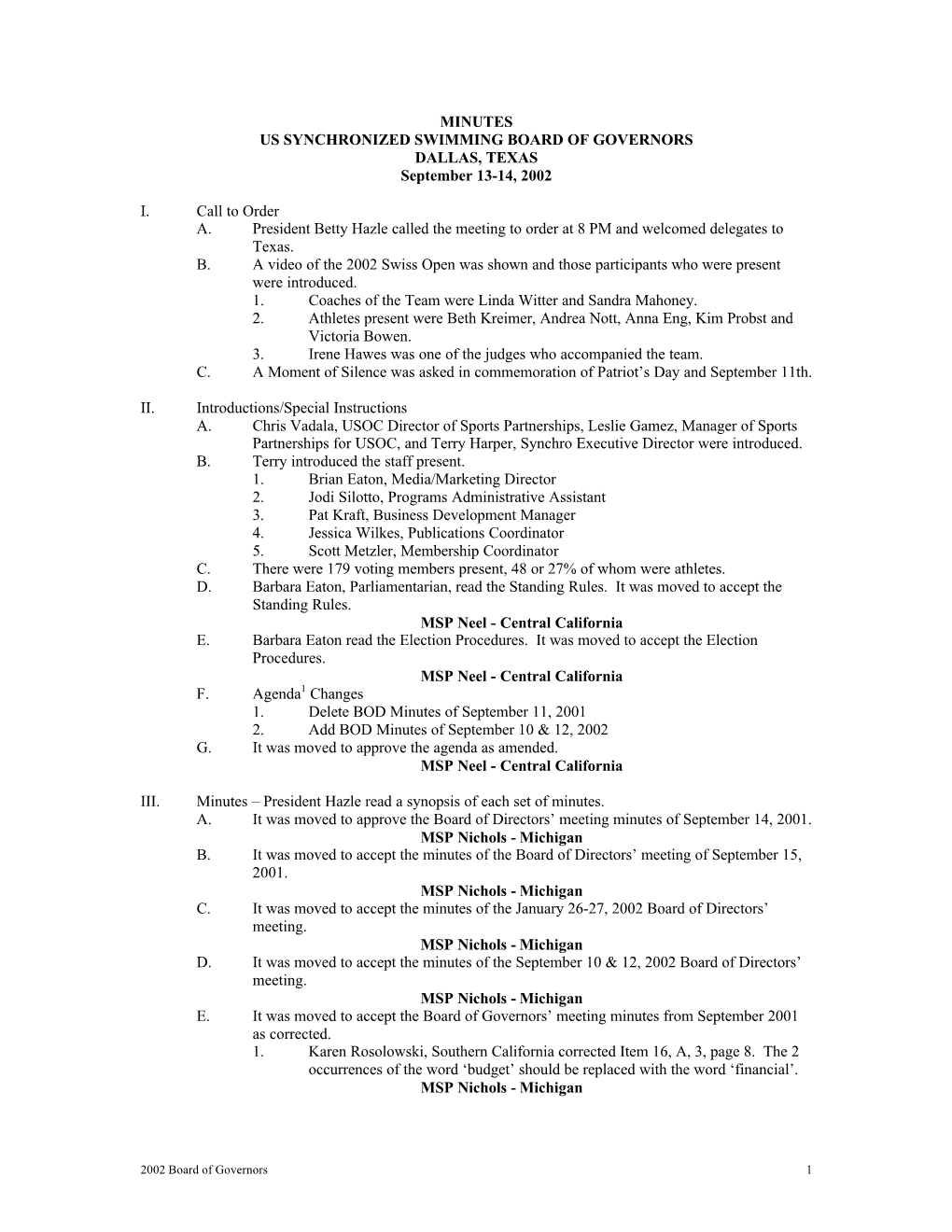 MINUTES US SYNCHRONIZED SWIMMING BOARD of GOVERNORS DALLAS, TEXAS September 13-14, 2002