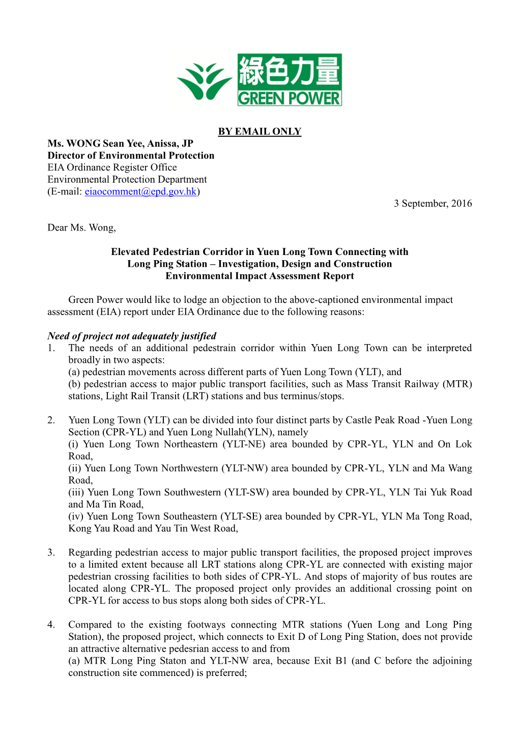 Comment on EIA Report for Elevated Pedestrian Corridor in Yuen Long