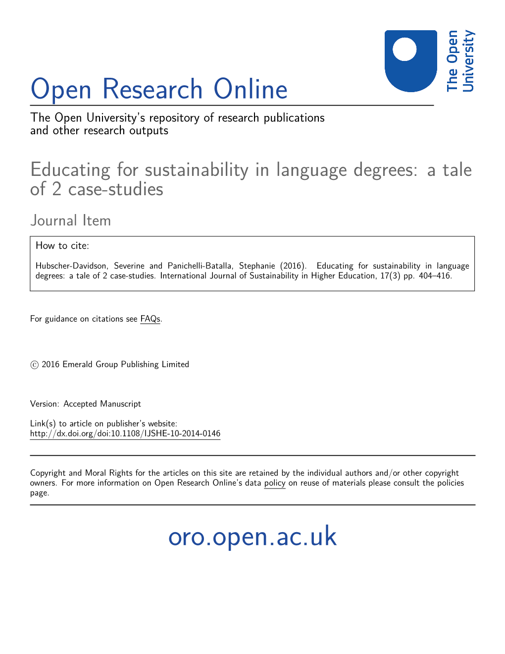 Educating for Sustainability in Language Degrees: a Tale of 2 Case-Studies Journal Item
