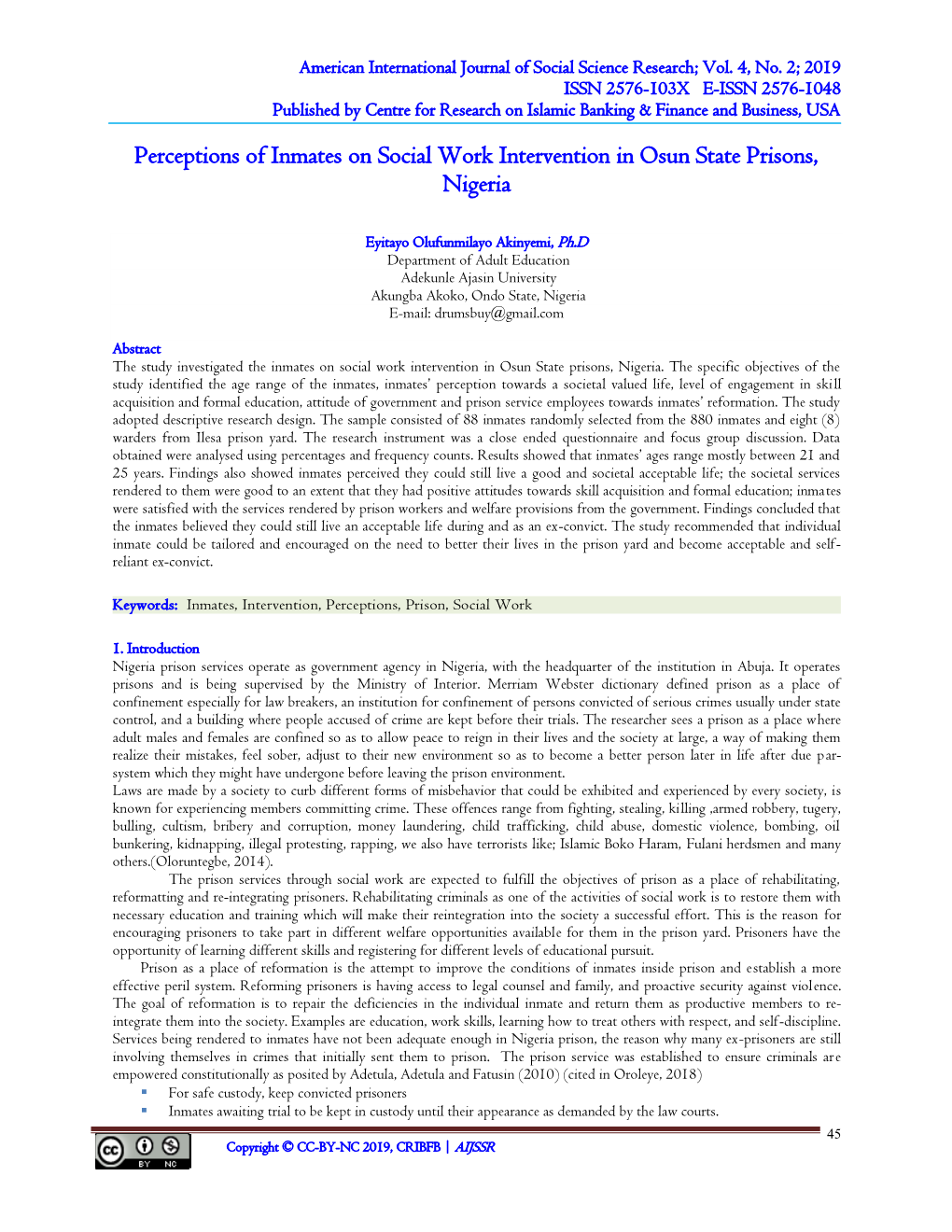 Perceptions of Inmates on Social Work Intervention in Osun State Prisons, Nigeria