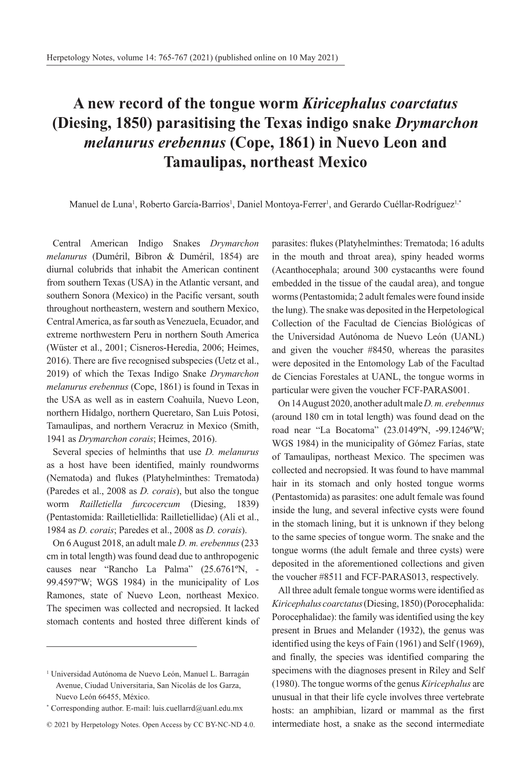 Parasitising the Texas Indigo Snake Drymarchon Melanurus Erebennus (Cope, 1861) in Nuevo Leon and Tamaulipas, Northeast Mexico