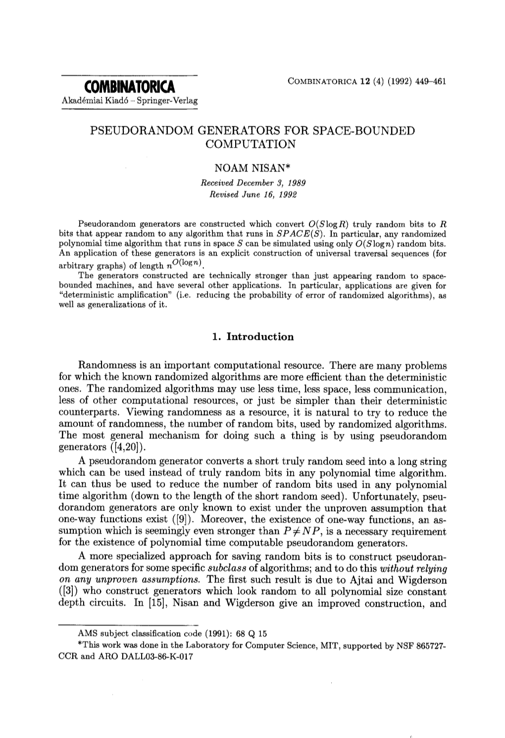 Pseudorandom Generators for Space-Bounded Computation