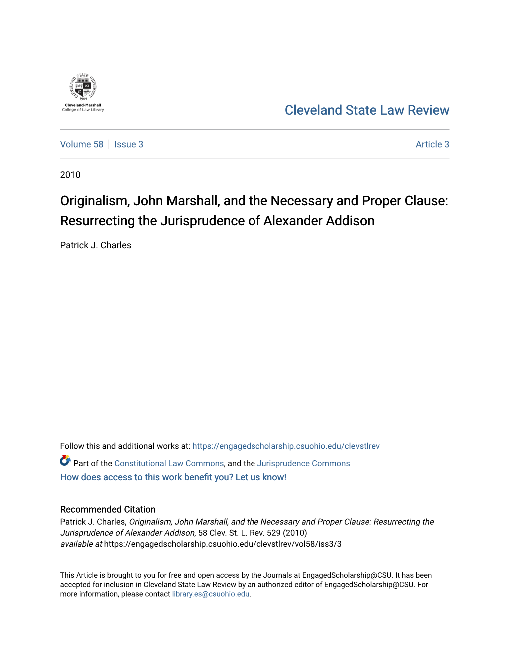 Originalism, John Marshall, and the Necessary and Proper Clause: Resurrecting the Jurisprudence of Alexander Addison