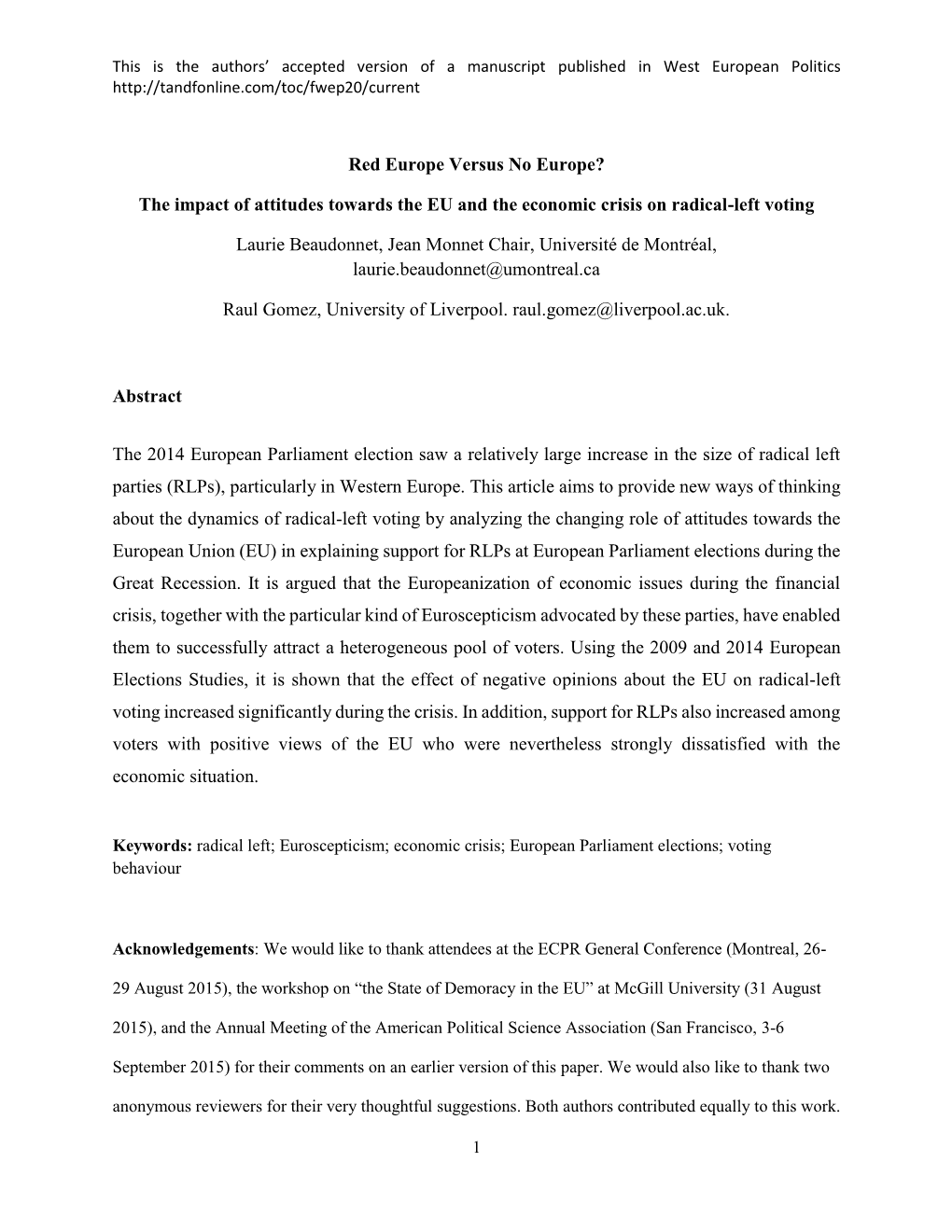 The Impact of Attitudes Towards the EU and the Economic Crisis on Radical-Left Voting