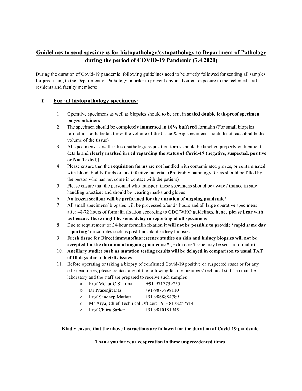 Guidelines to Send Specimens for Histopathology/Cytopathology to Department of Pathology During the Period of COVID-19 Pandemic (7.4.2020)