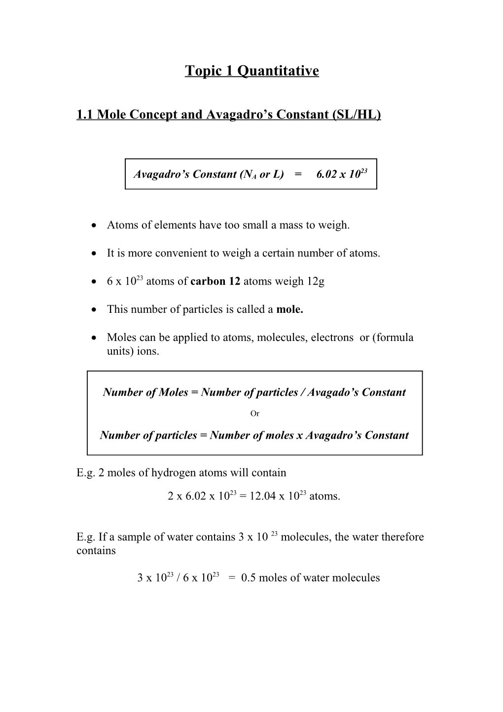 1.1 Mole Concept and Avagadro S Constant (SL/HL)