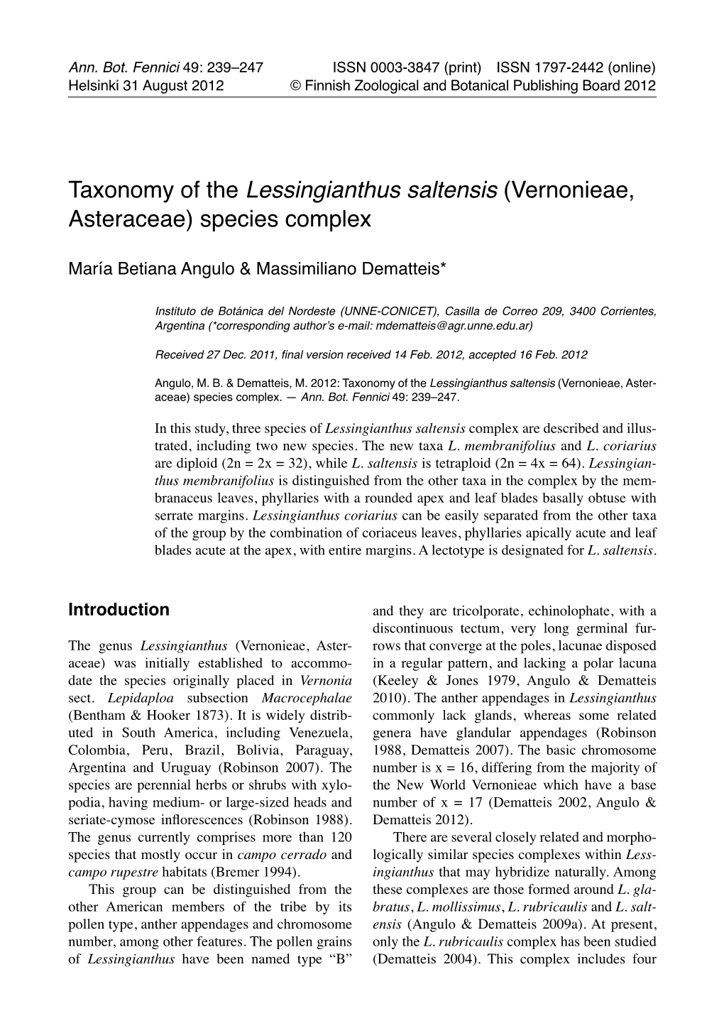 Taxonomy of the Lessingianthus Saltensis (Vernonieae, Asteraceae) Species Complex