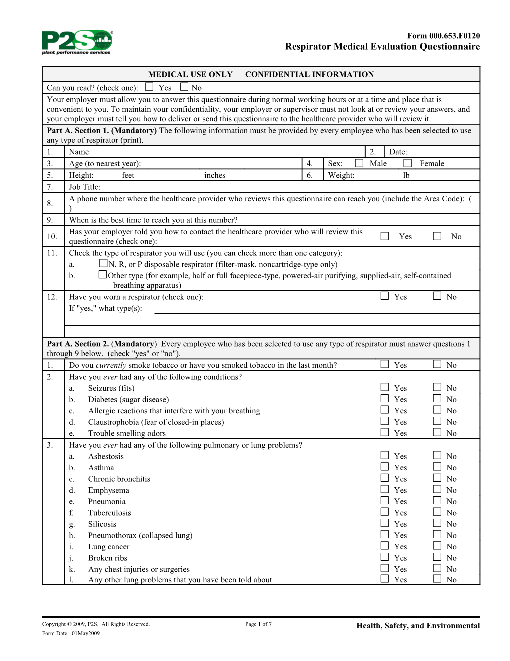 Respirator Medical Evaluation Questionnaire