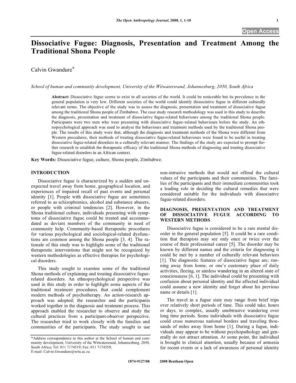 Dissociative Fugue: Diagnosis, Presentation and Treatment Among the Traditional Shona People