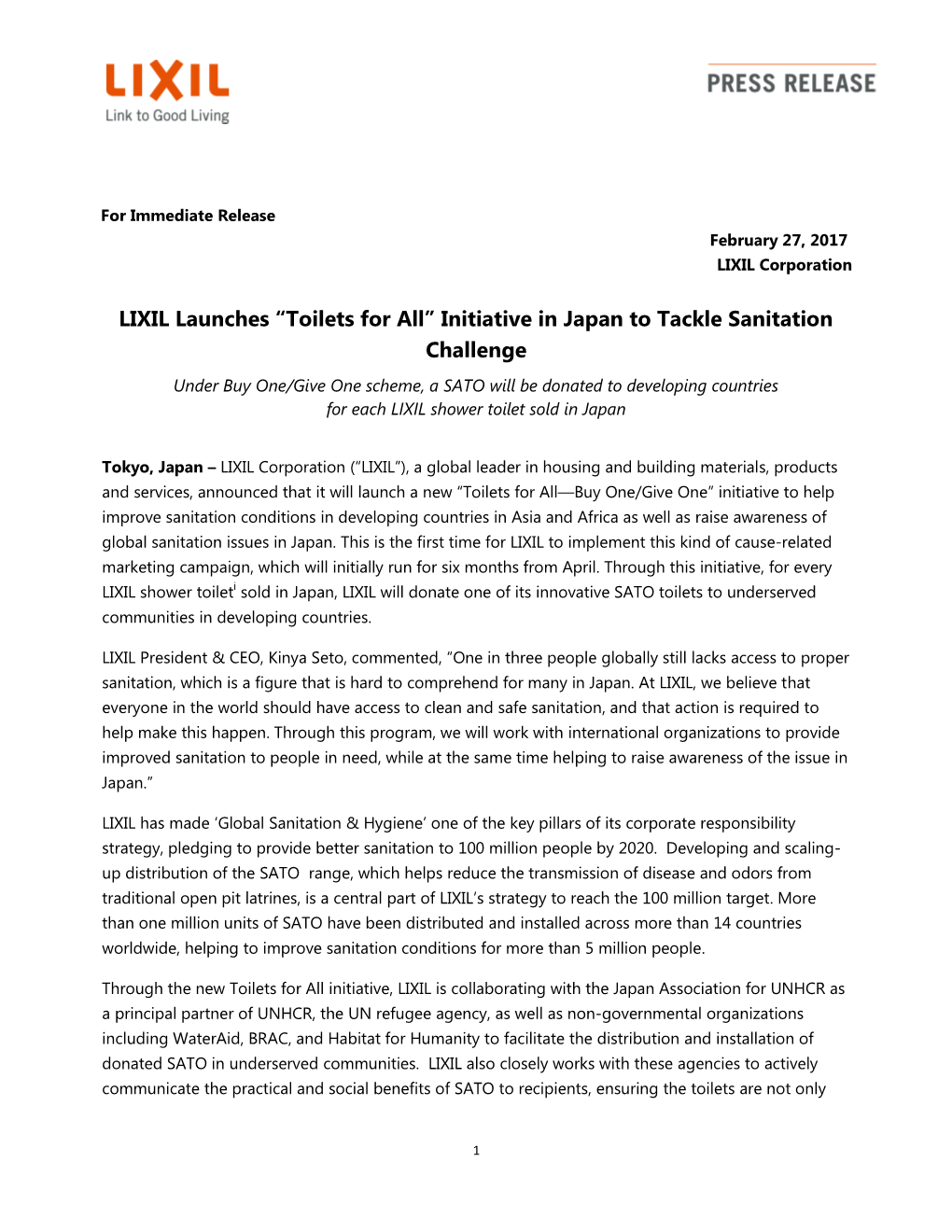 LIXIL Launches “Toilets for All” Initiative in Japan to Tackle