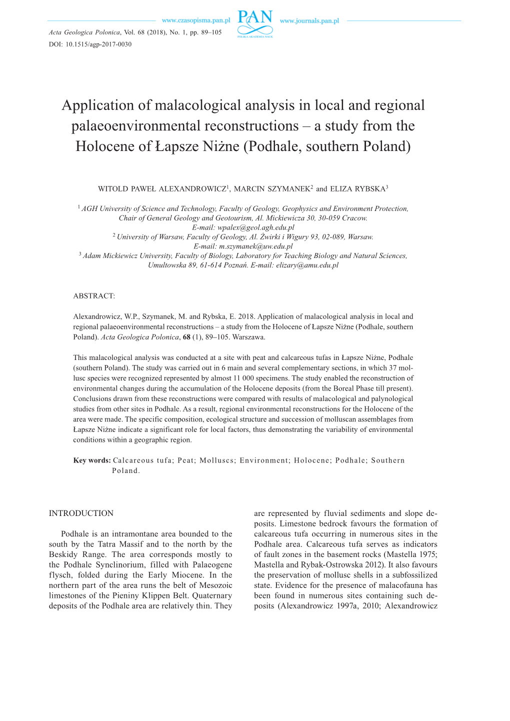 Application of Malacological Analysis in Local and Regional Palaeoenvironmental Reconstructions – a Study from the Holocene of Łapsze Niżne (Podhale, Southern Poland)