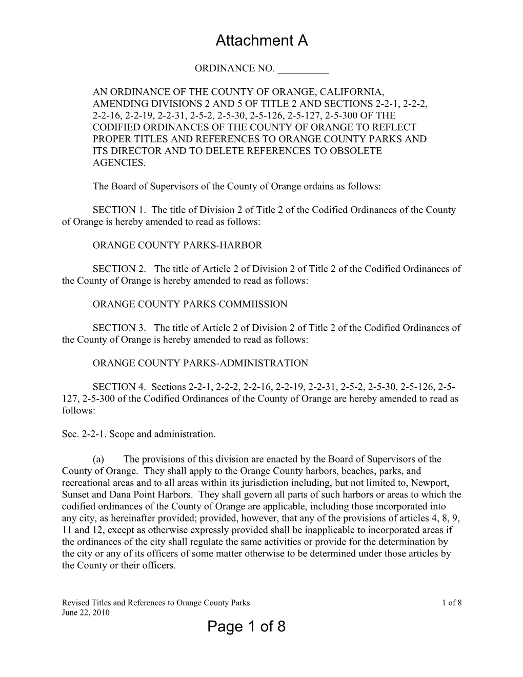 An Ordinance of the County of Orange, California, Amending Divisions 2 and 5 of Title 2