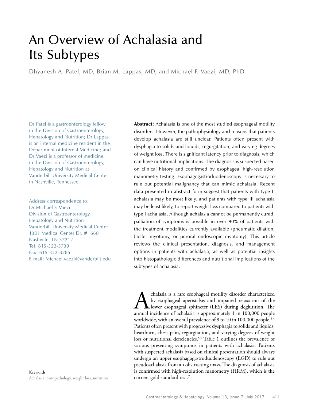 An Overview of Achalasia and Its Subtypes