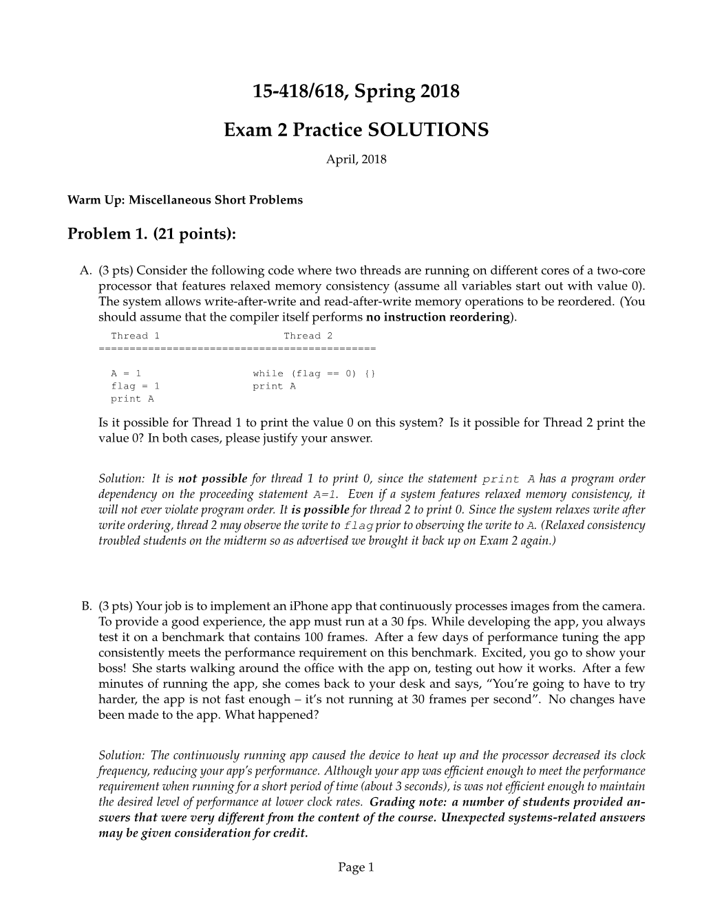 15-418/618, Spring 2018 Exam 2 Practice SOLUTIONS