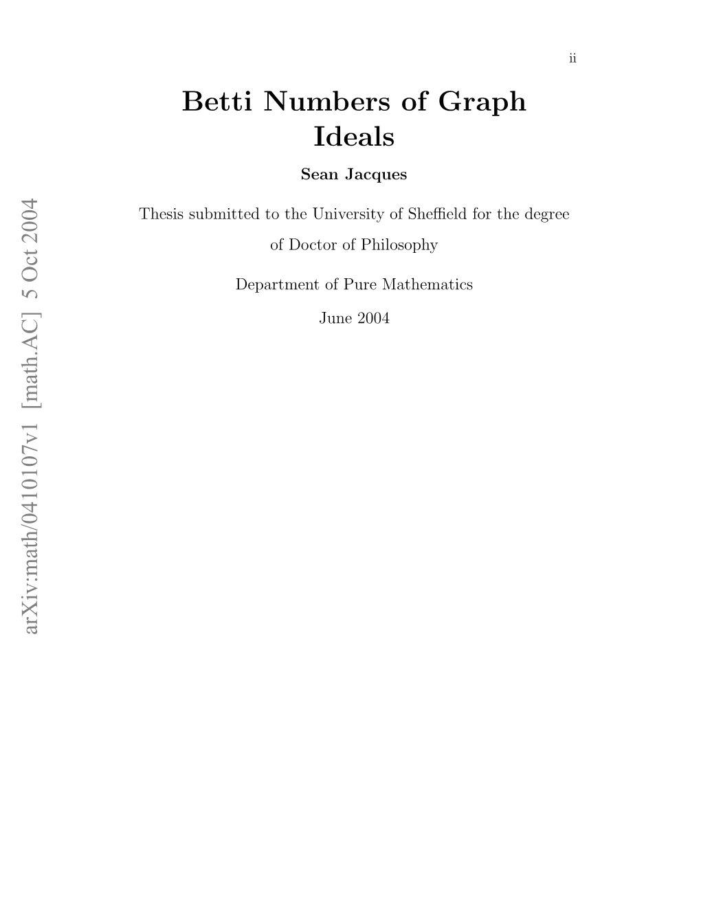 Betti Numbers of Graph Ideals