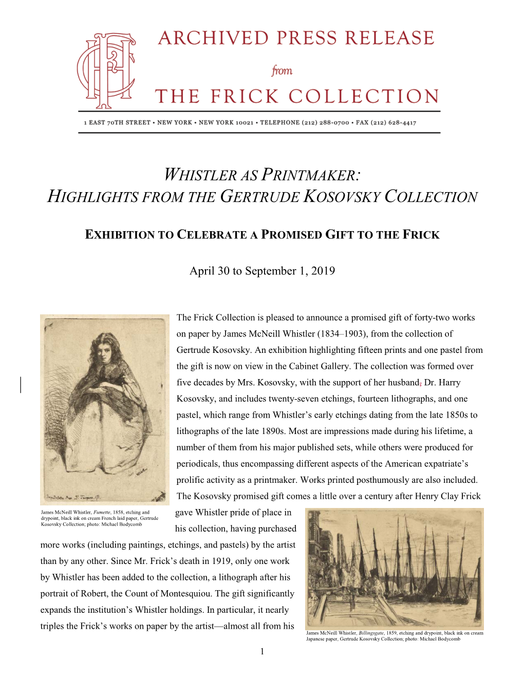 Whistler As Printmaker: Highlights from the Gertrude Kosovsky Collection