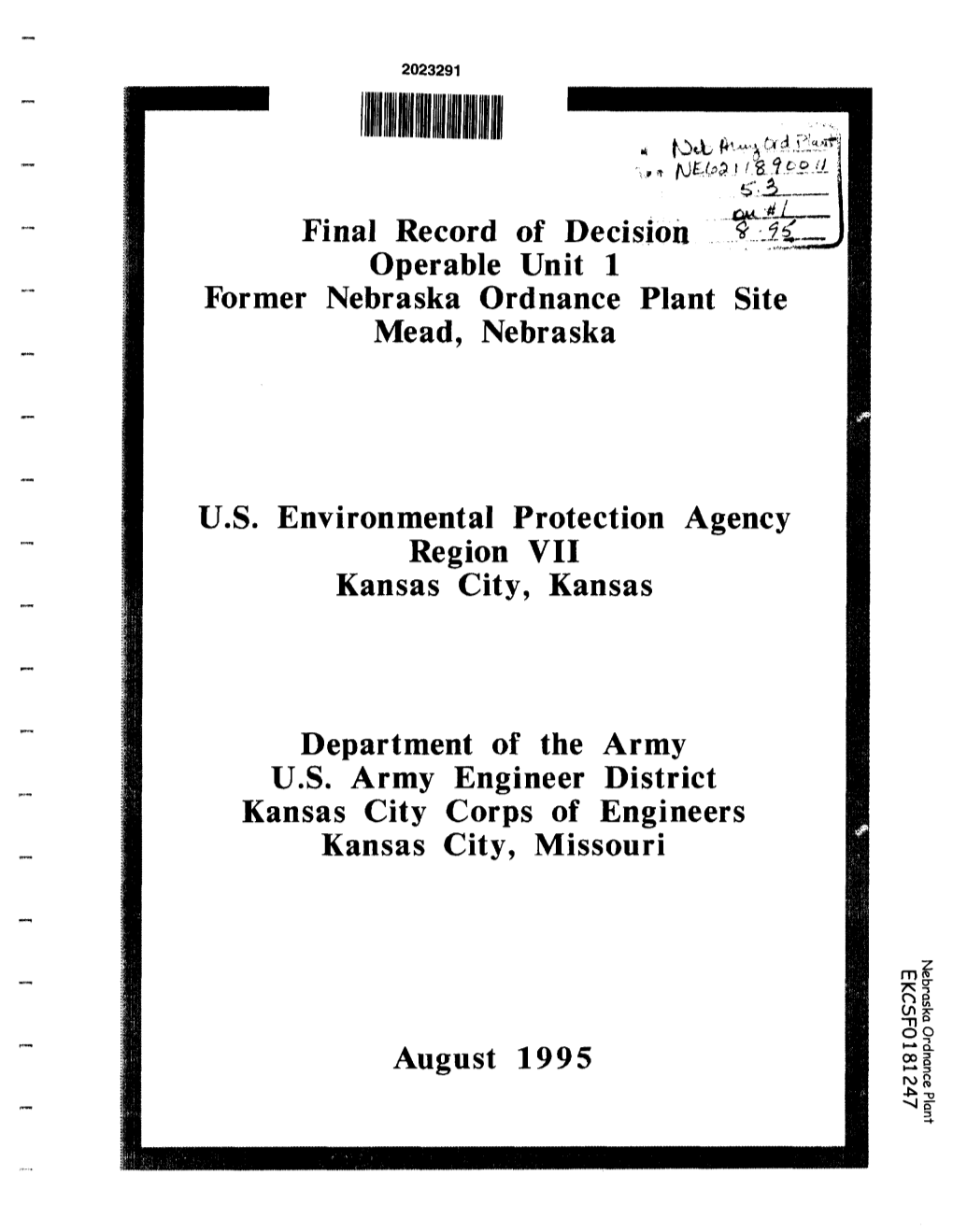 Re: Final Record of Decision OU1 Former Nebraska Ordnance Plant Site