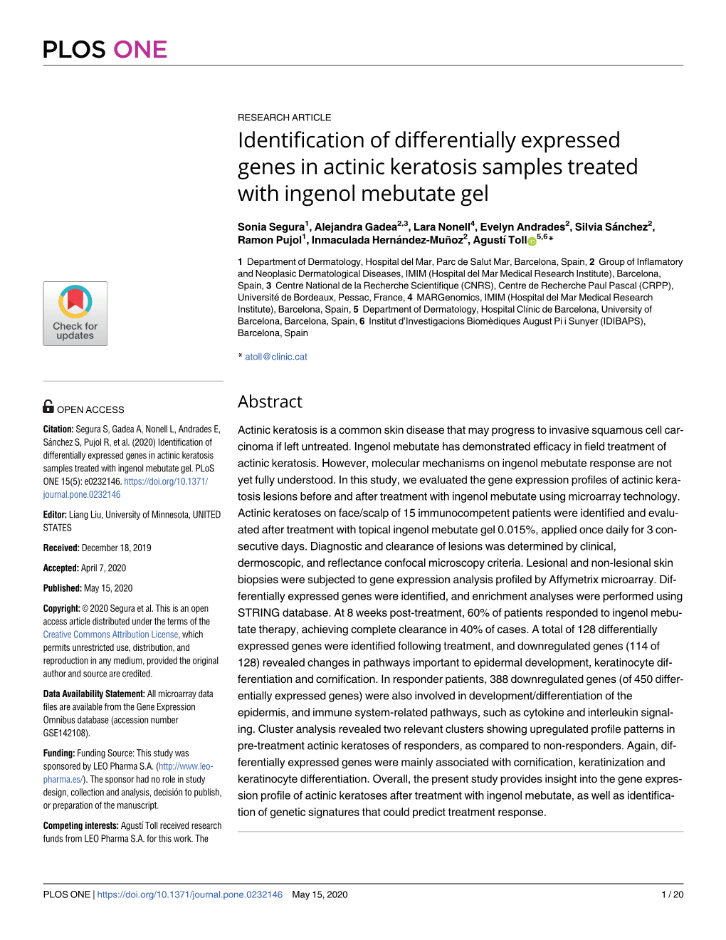 Identification of Differentially Expressed Genes in Actinic Keratosis Samples Treated with Ingenol Mebutate Gel