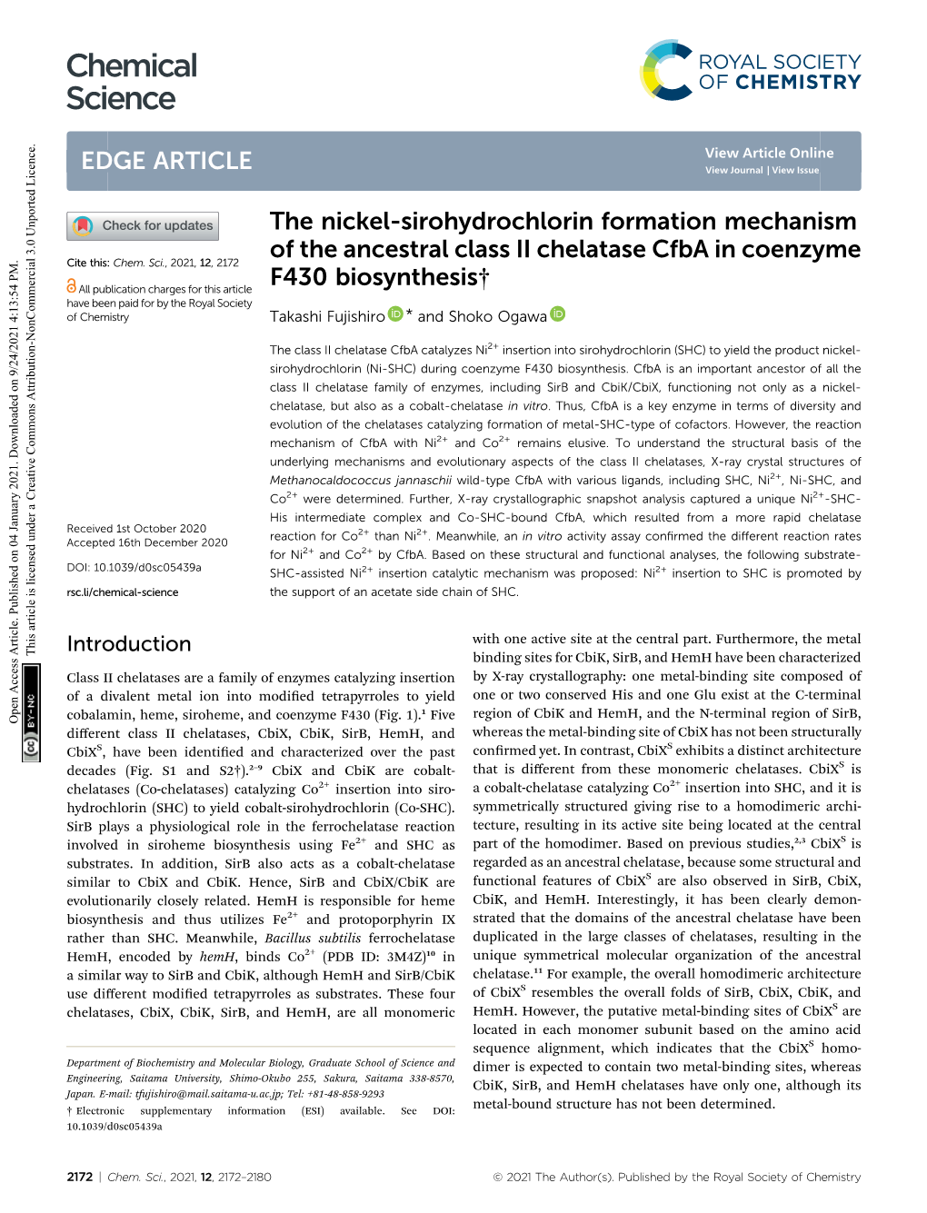 The Nickel-Sirohydrochlorin Formation Mechanism of the Ancestral Class II Chelatase Cfba in Coenzyme Cite This: Chem