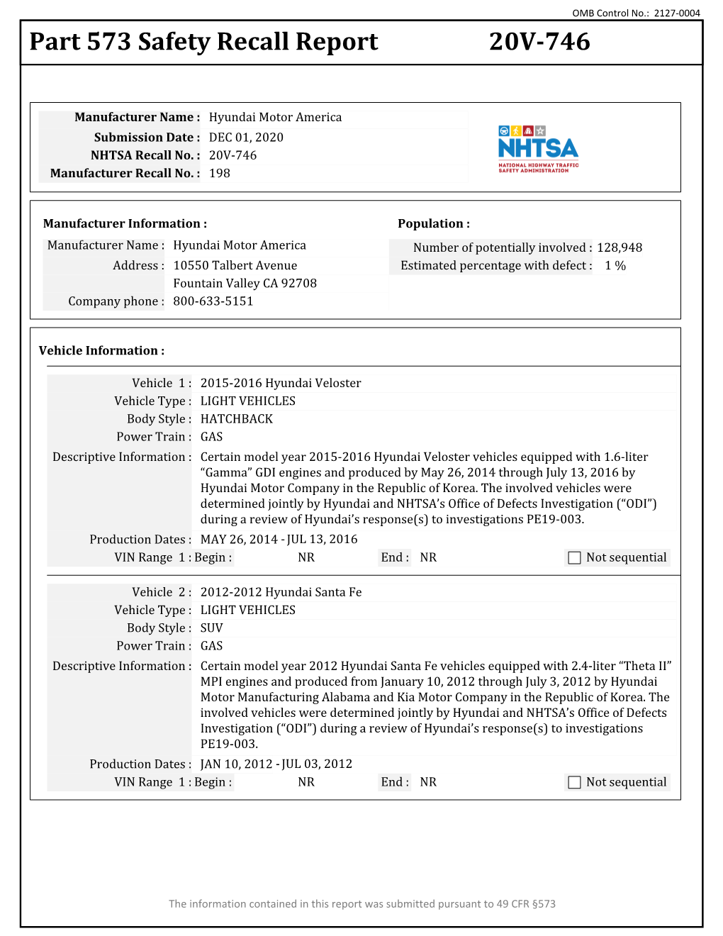 Part 573 Safety Recall Report 20V-746