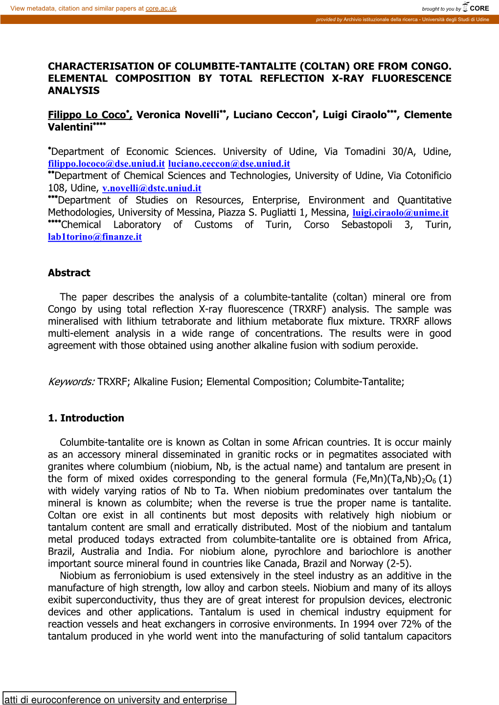 Characterisation of Columbite-Tantalite (Coltan) Ore from Congo