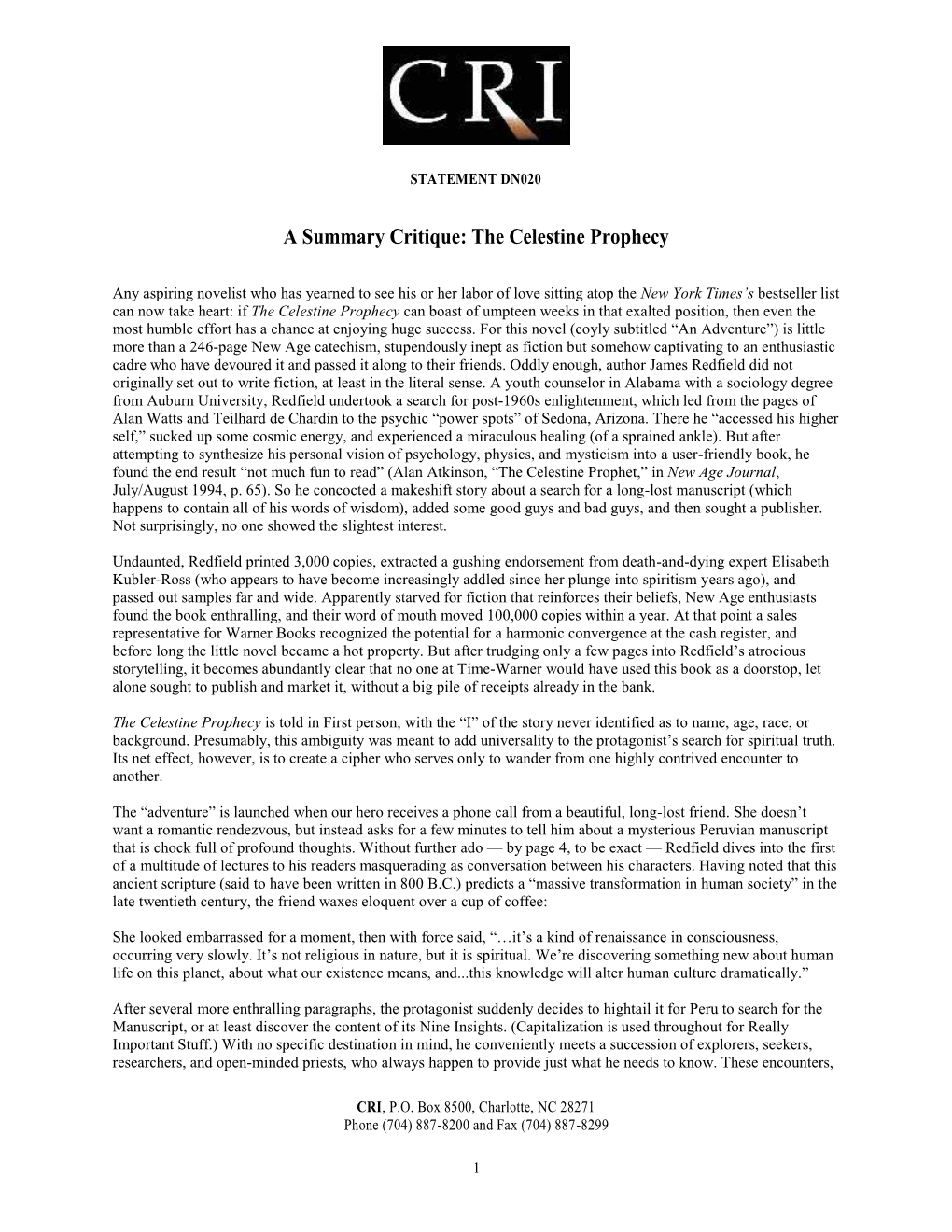 A Summary Critique: the Celestine Prophecy