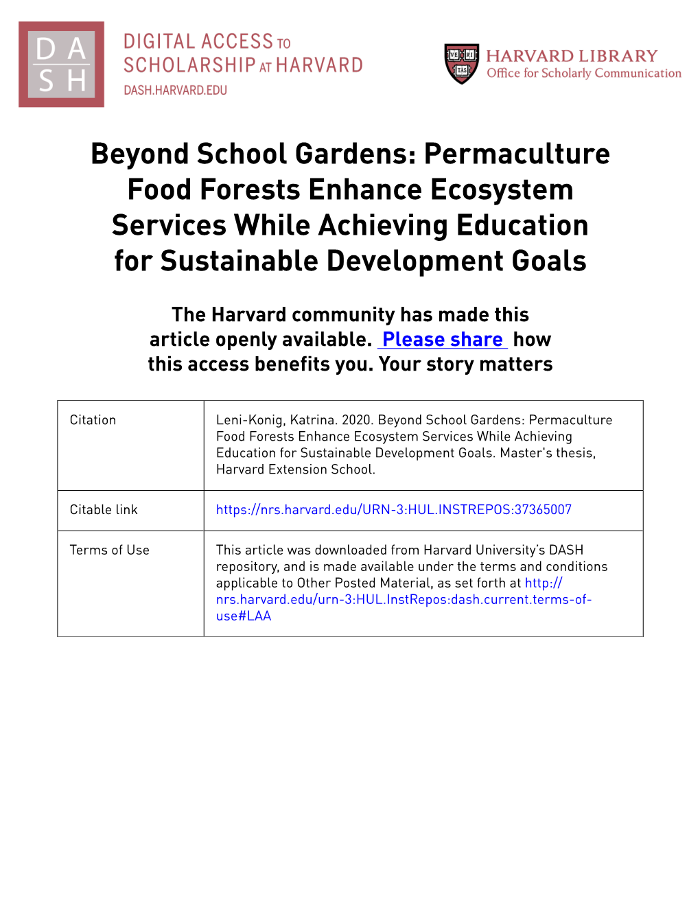 Beyond School Gardens: Permaculture Food Forests Enhance Ecosystem Services While Achieving Education for Sustainable Development Goals