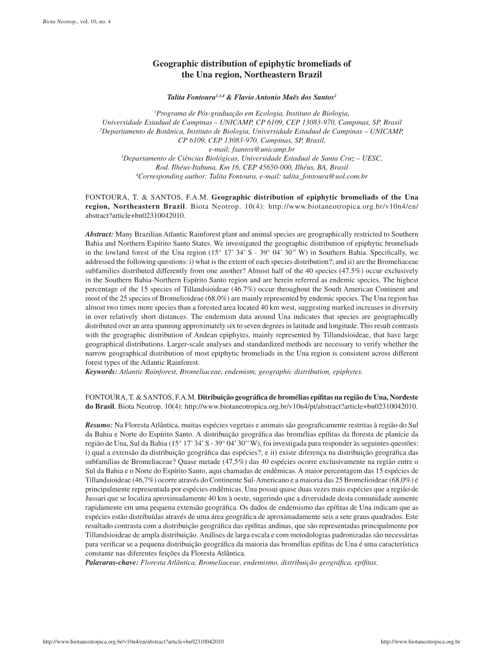 Geographic Distribution of Epiphytic Bromeliads of the Una Region, Northeastern Brazil